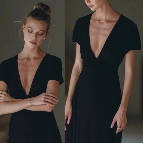 Pampelone V-Neck Short Sleeve High Slit Faux Wrap Long Maxi Dress Black - Picture 4 of 10